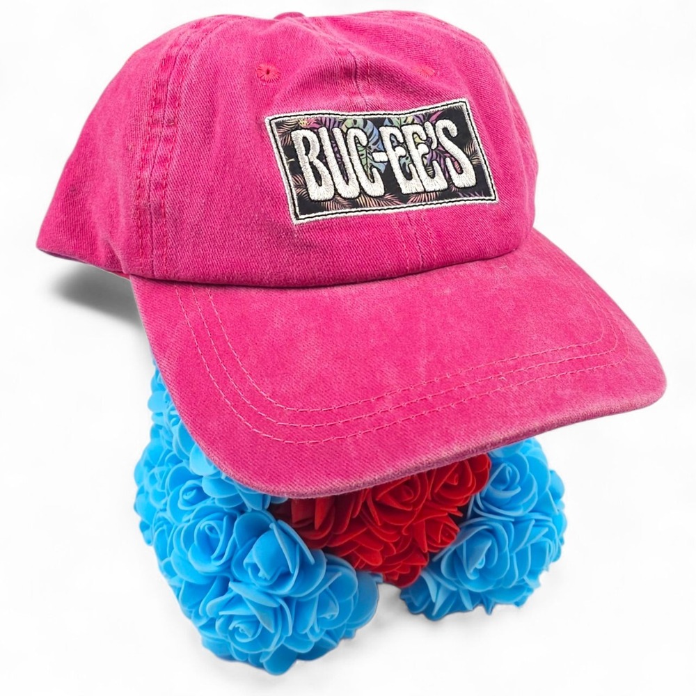 buc ees washed pink baseball cap with bucky the beaver logo
